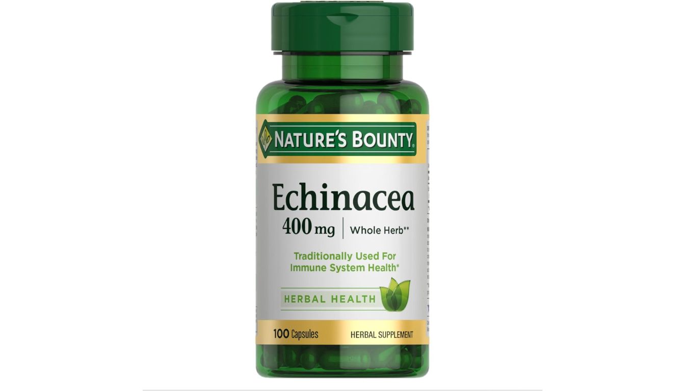 A green bottle of Nature's Bounty Echinacea 400 mg herbal supplement, containing 100 capsules, traditionally used for immune health.