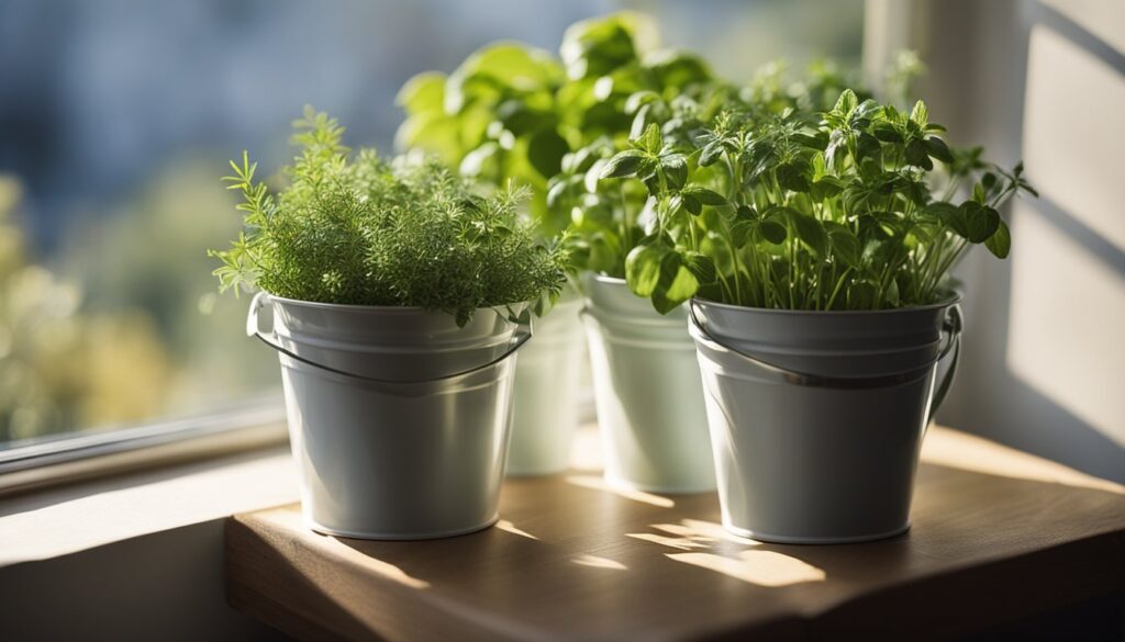 Colorful buckets filled with fresh herbs and vegetables, arranged on a sunny balcony in a small urban space.