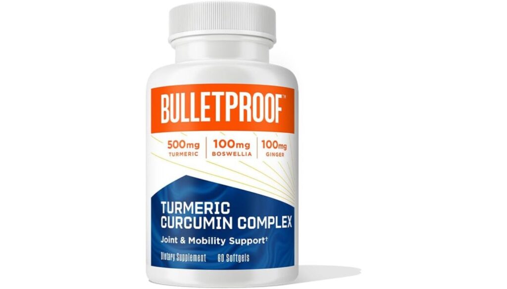 A bottle of Bulletproof Turmeric Curcumin Complex Softgels placed on a clean surface, highlighting its vibrant orange and blue label.