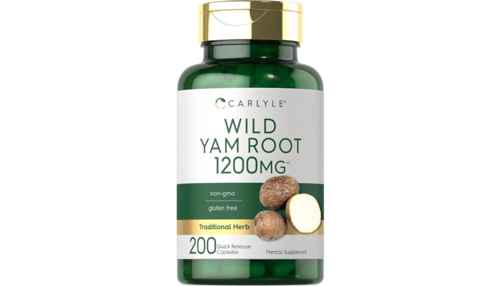 A bottle of Carlyle Wild Yam Root 1200mg herbal supplement containing 200 quick release capsules.