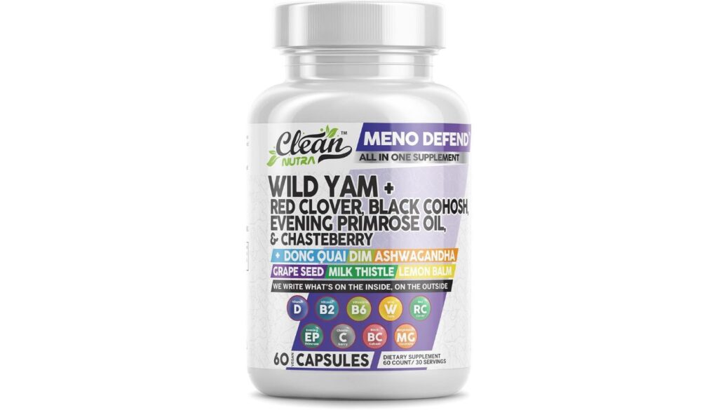 A bottle of Clean Nutra Wild Yam Root Capsules with a green label, containing 100 vegan capsules.