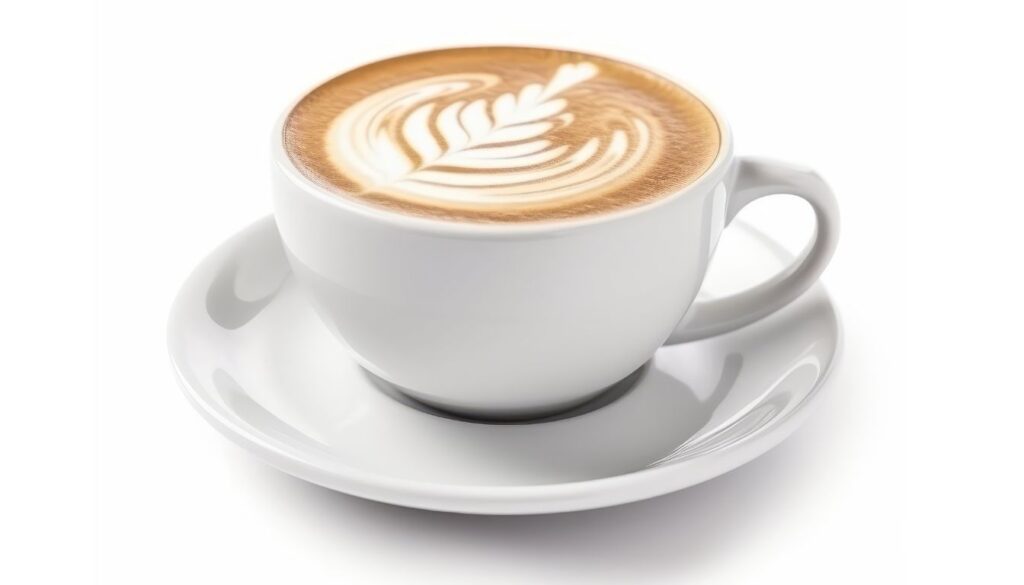 A steaming cup of coffee with a swirl of coconut oil on top, sitting on a rustic wooden table, surrounded by coffee beans and coconuts.