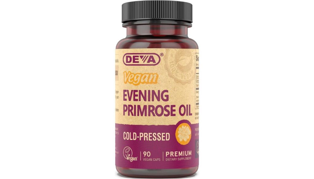 A bottle of DEVA Vegan Evening Primrose Oil supplement with a beige and purple label, containing 90 vegan capsules.