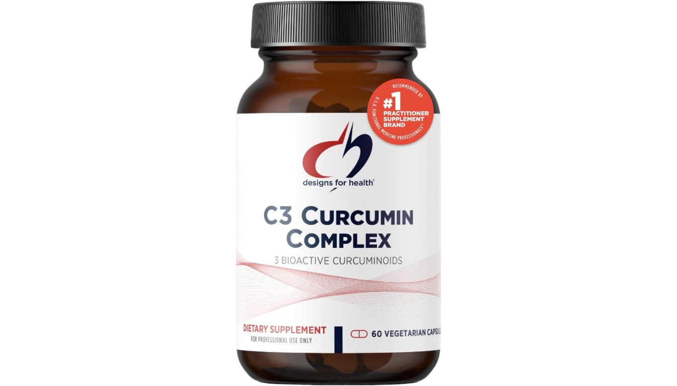 A bottle of Designs for Health C3 Curcumin Complex dietary supplement with a white label and bold text highlighting its advanced curcuminoid formula.