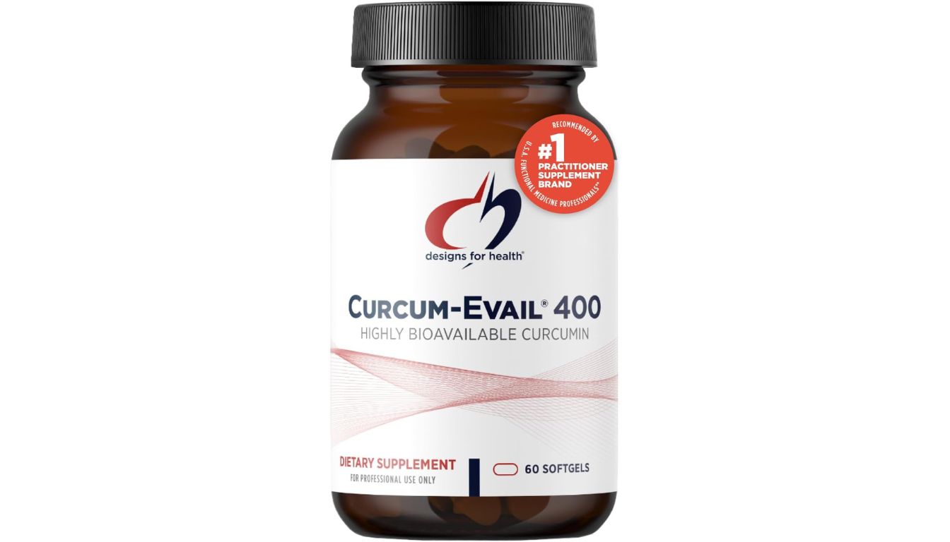 A bottle of Designs for Health Curcum-Evail 400 dietary supplement, featuring a white label with bold text and a sleek design emphasizing its advanced curcumin absorption technology.