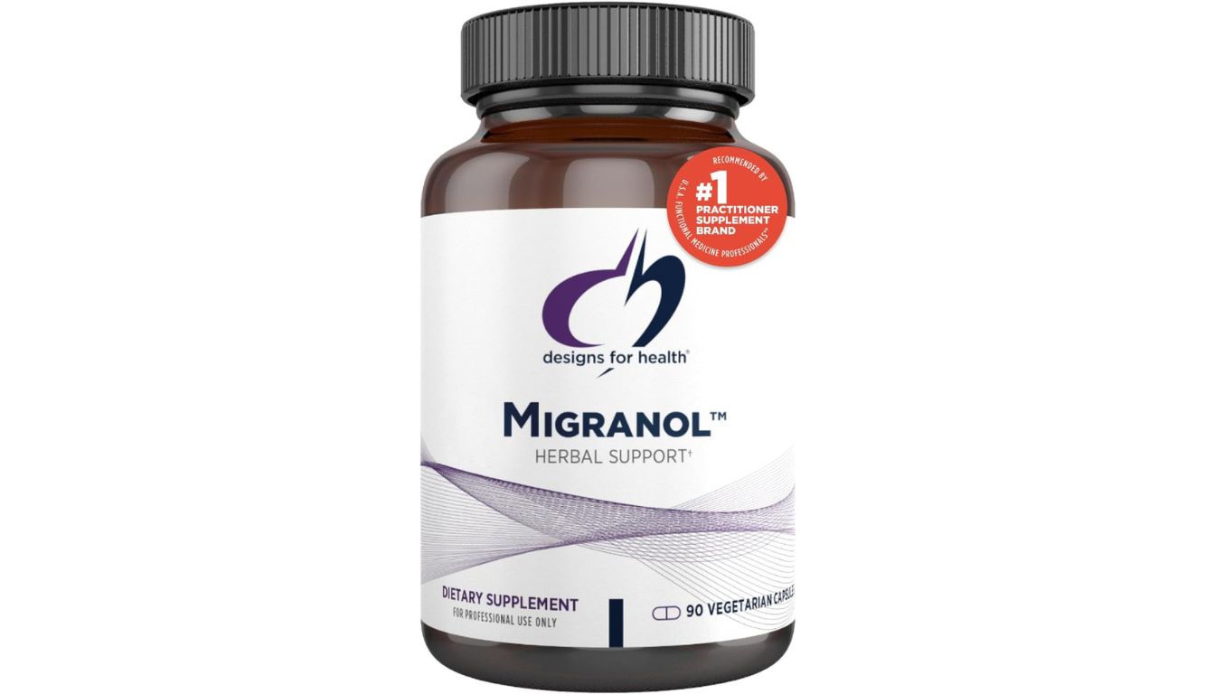 A bottle of Designs for Health Migranol dietary supplement with a white label and purple accents, highlighting its herbal support for migraines.