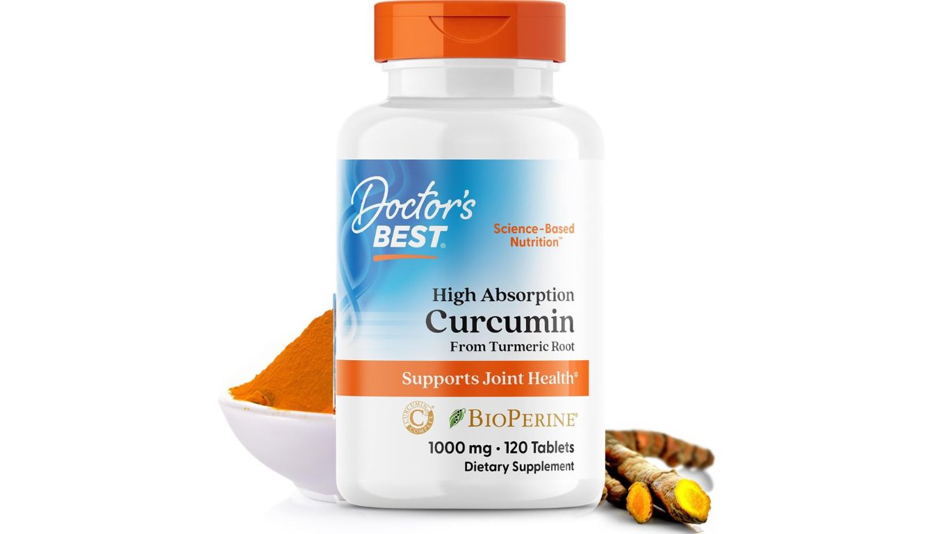 A bottle of Doctor's Best Curcumin From Turmeric Root dietary supplement with BioPerine for enhanced absorption.