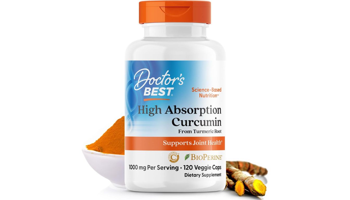 A bottle of Doctor's Best High Absorption Curcumin with a white and blue label, highlighting its science-based formula for joint health and inflammation support.