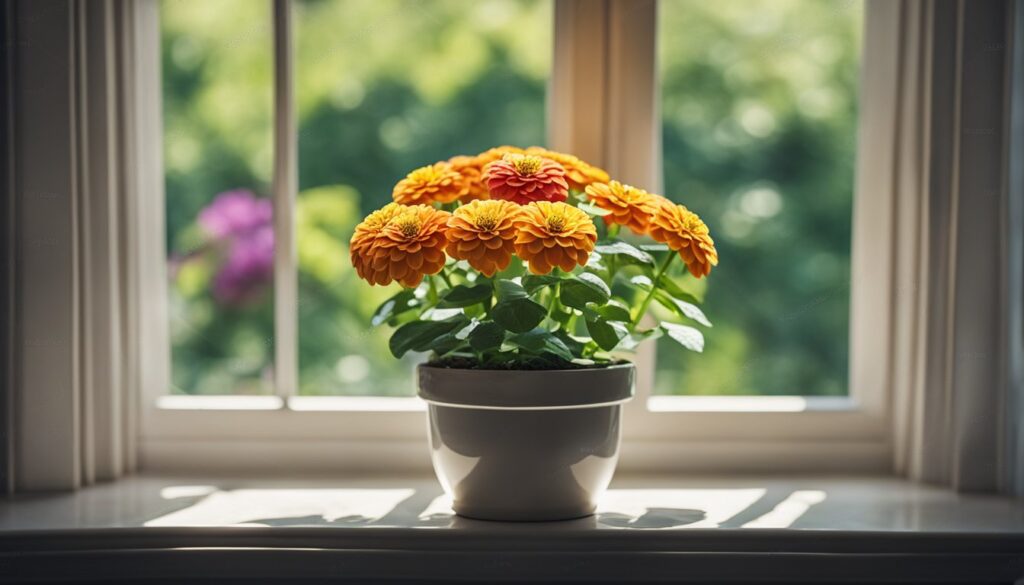 A potted zinnia plant with vibrant red and orange blooms, displayed indoors on a sunny windowsill.