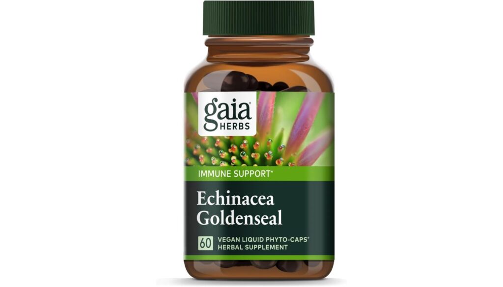 A bottle of Gaia Herbs Echinacea Goldenseal supplement with 60 vegan liquid phyto-caps, designed for natural immune support.