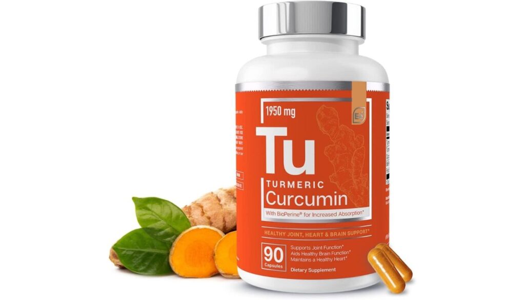 A bottle of Essential Elements Turmeric Curcumin dietary supplement with a white and orange label, highlighting its 1950 mg turmeric curcumin content and BioPerine for enhanced absorption.