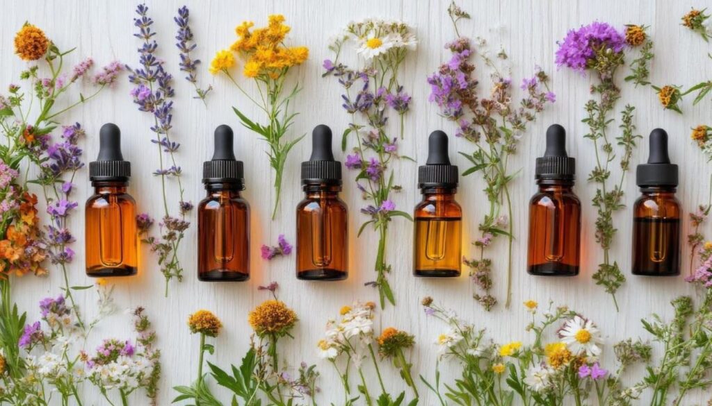 Amber glass bottles of essential oils surrounded by fresh herbs and flowers, creating a natural and soothing atmosphere.