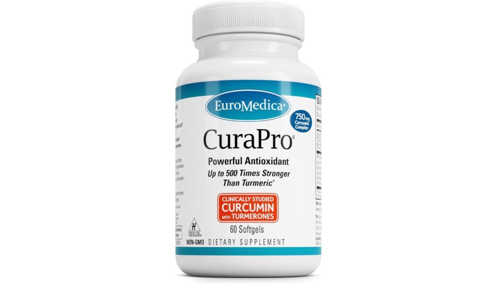 A bottle of Euromedica CuraPro 750mg Turmeric Supplement with a white and blue label, highlighting its high-potency curcumin complex for antioxidant and joint health benefits.