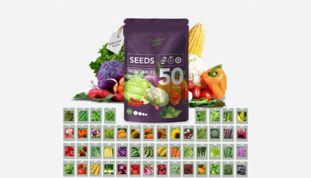 A purple pouch labeled "Garden Pack" containing seeds for vegetables, herbs, and flowers, with images of various vegetables and a grid of seed packets below.