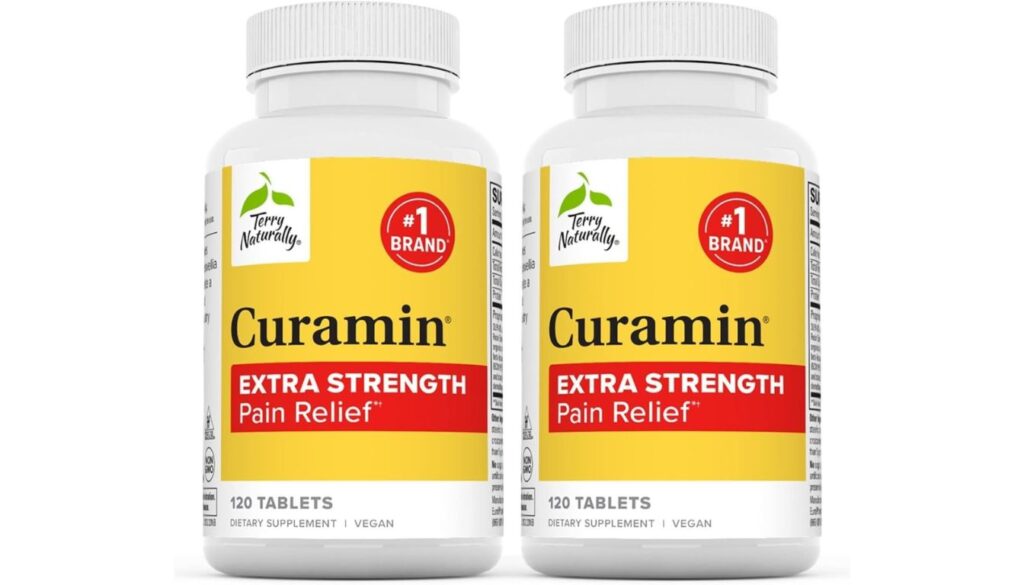 A bottle of Terry Naturally Curamin Extra Strength Pain Relief tablets, featuring a bright yellow and white label with red accents.