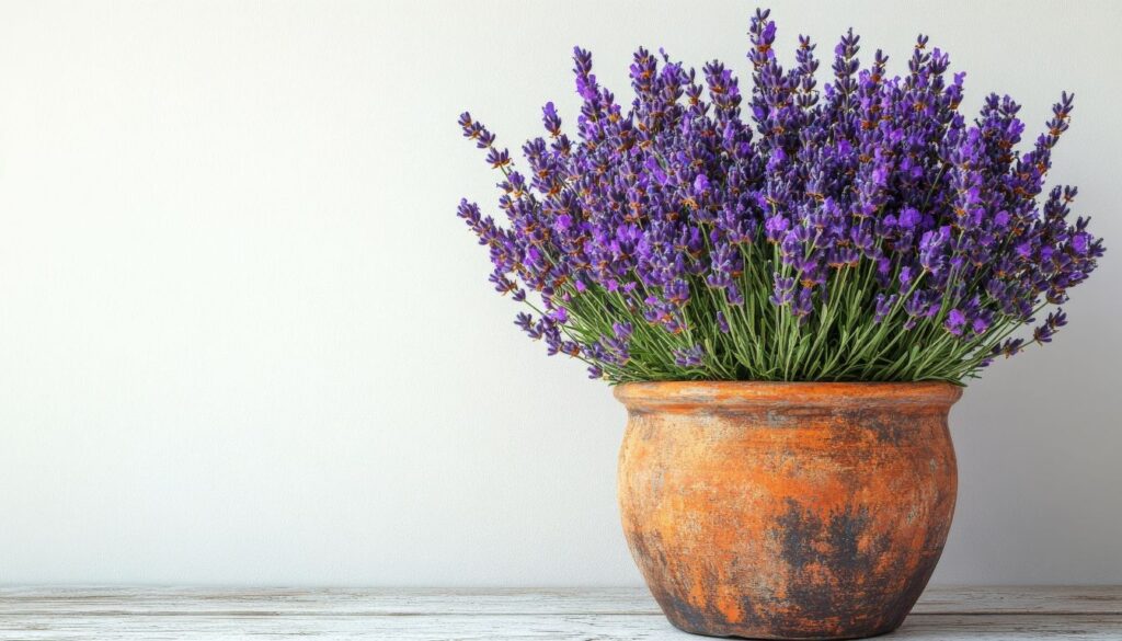 A cozy indoor setting featuring a lavender plant in full bloom, placed in a decorative pot near a sunlit window, spreading its calming fragrance.