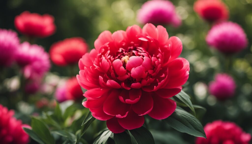 Vibrant red peonies in full bloom, surrounded by lush greenery, creating a striking and colorful garden scene.