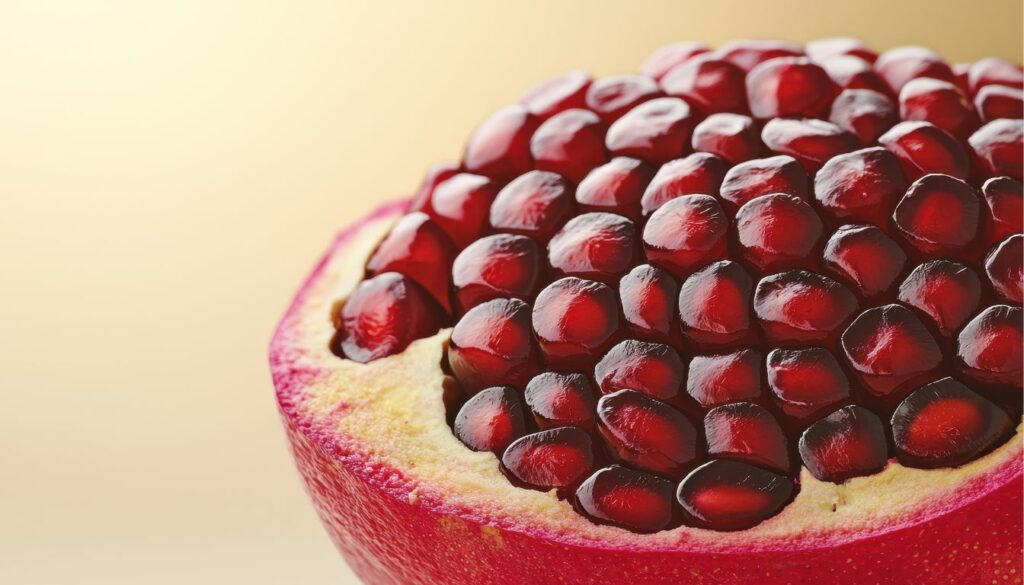 A close-up of a halved pomegranate with vibrant red seeds, placed on a wooden surface to highlight the fruit's potential when grown from seeds.