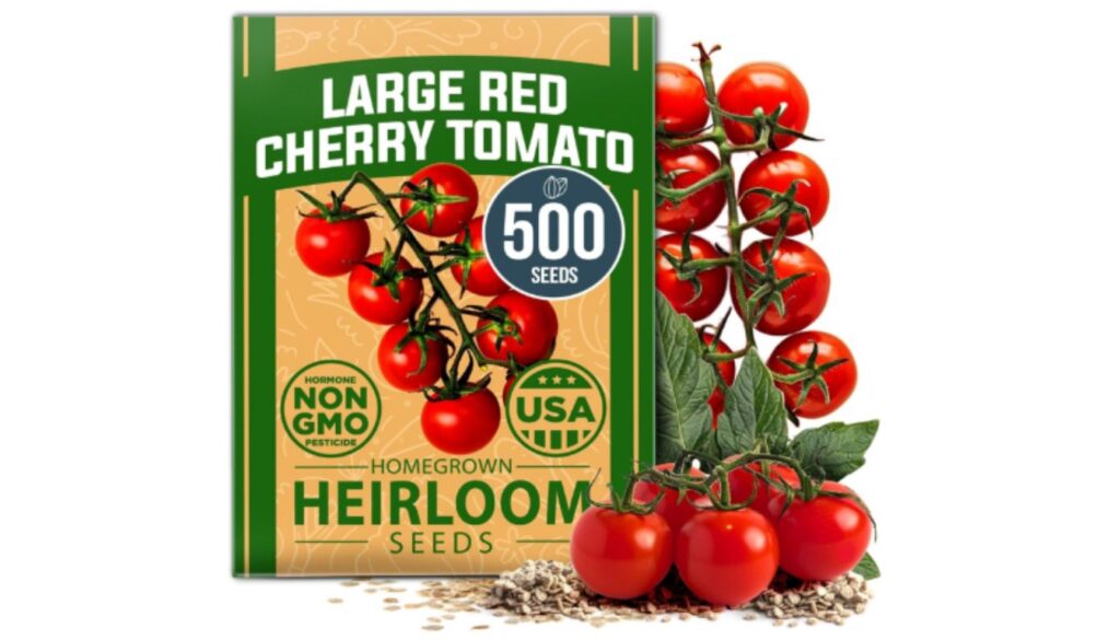 A packet of Large Red Cherry Tomato seeds labeled "Homegrown Heirloom Seeds" with 500 seeds, featuring images of vibrant red cherry tomatoes on the vine and scattered seeds.