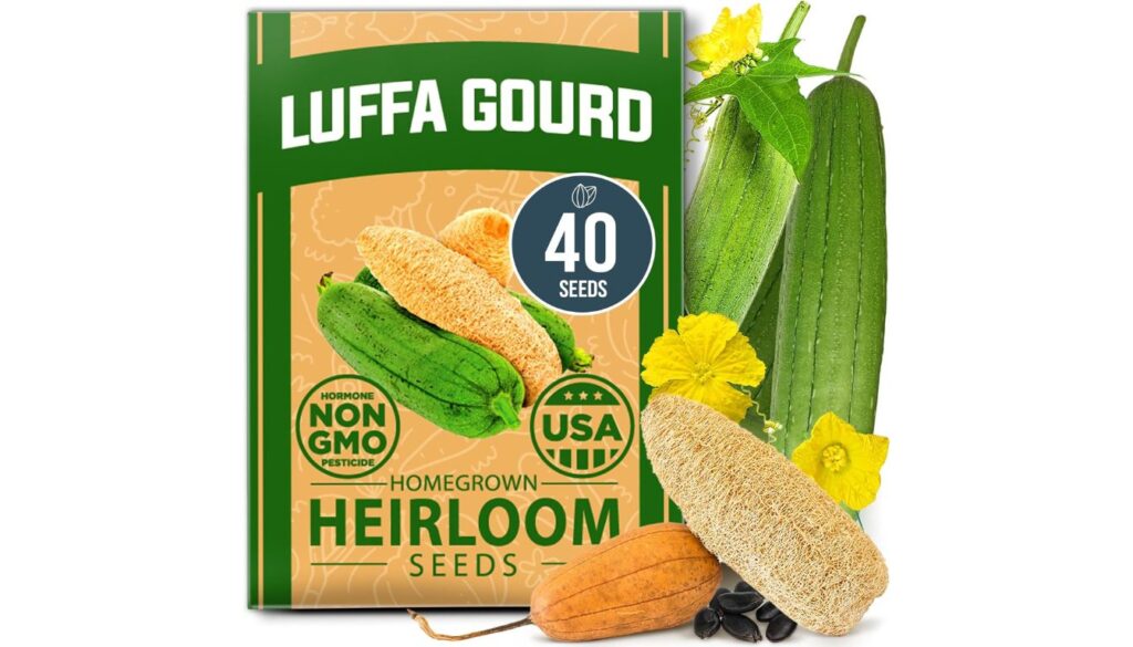 A packet of Luffa Gourd seeds labeled "Homegrown Heirloom Seeds" with 40 seeds, featuring images of green luffa gourds and dried luffa sponges, along with yellow flowers and black seeds.