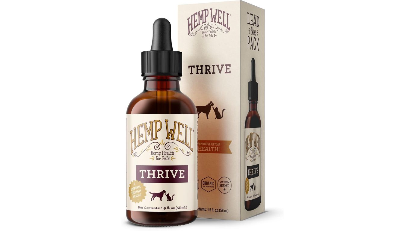 A bottle of Hemp Well Thrive Oil for pets, featuring a dropper cap and a label with illustrations of a dog and a cat, emphasizing organic and natural health support.