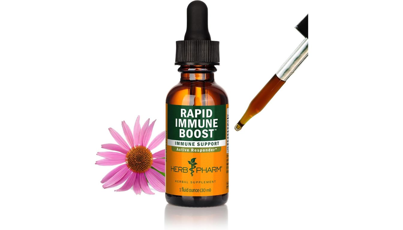 A bottle of Herb Pharm Organic Rapid Immune Boost supplement with a dropper, highlighting its alcohol-free herbal formula for fast immune support.