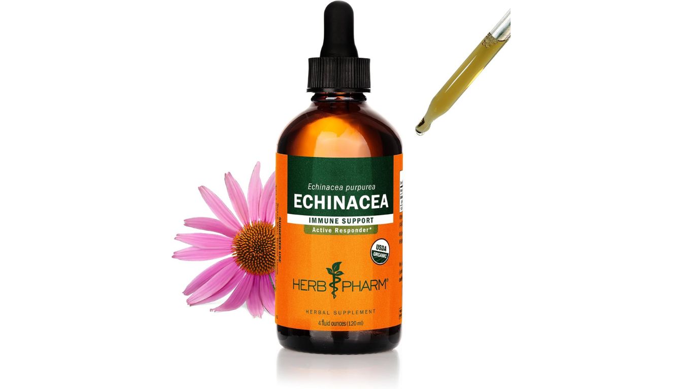 A bottle of Herb Pharm Super Echinacea Liquid Extract with a dropper, highlighting its organic and gluten-free immune support formula.