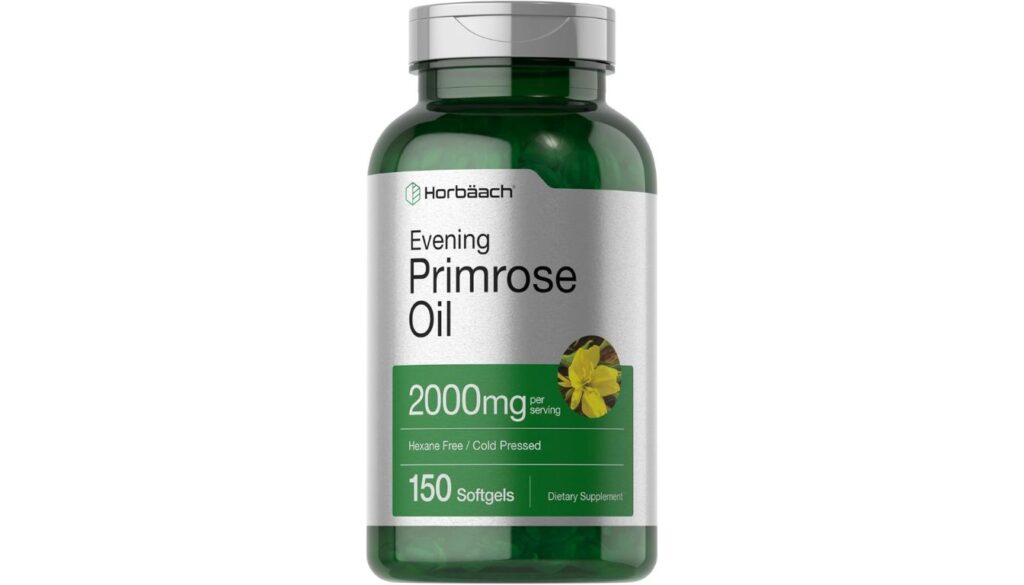 A green bottle of Horbäach Evening Primrose Oil Capsules, 2000mg per serving, containing 150 softgels with a hexane-free, cold-pressed formula.