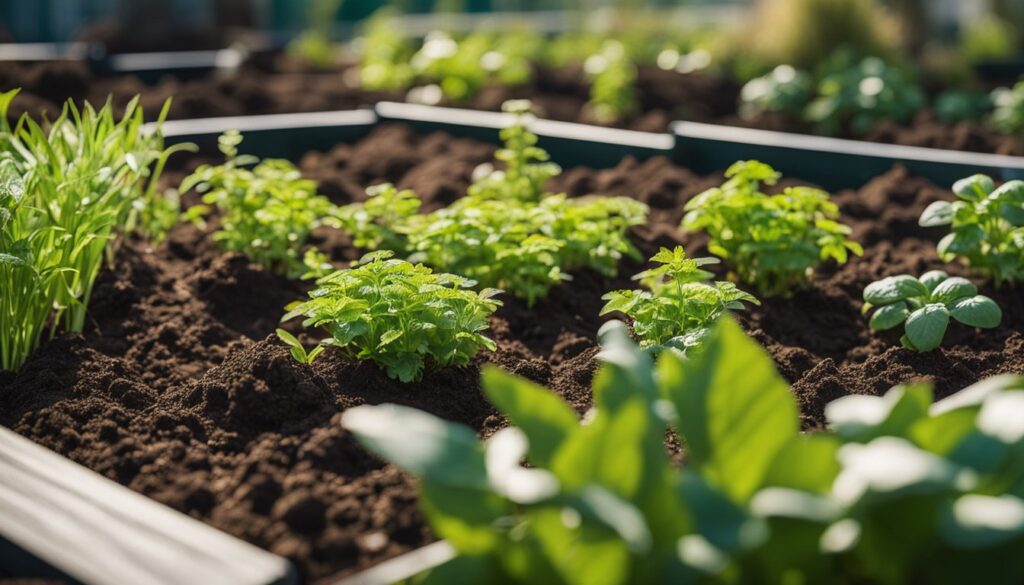 A sustainable no-dig garden with raised beds overflowing with fresh, vibrant vegetables and herbs.