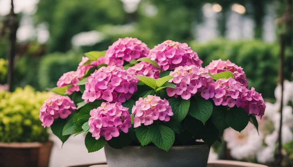 A vibrant hydrangea plant with blue blooms thriving in a decorative pot on a sunny patio, surrounded by gardening tools.