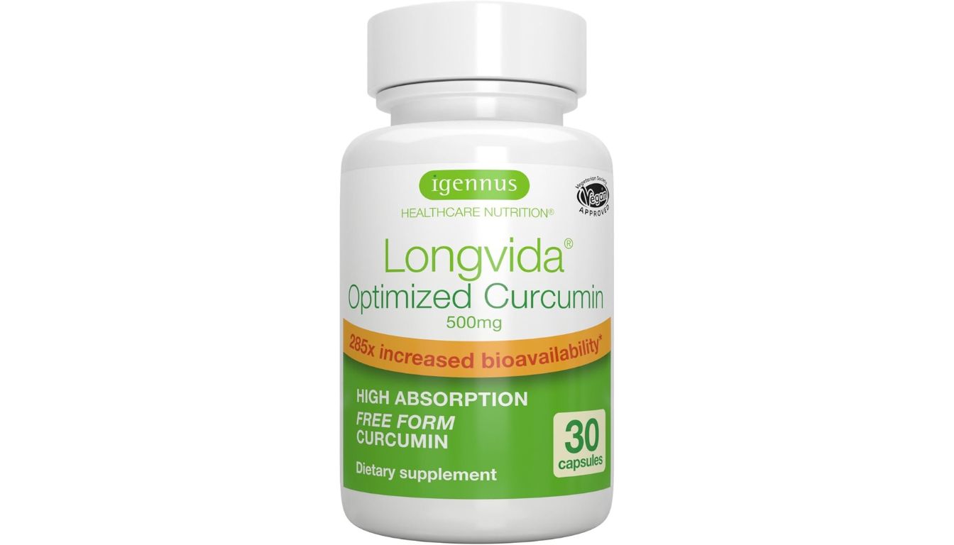 A bottle of Igennus Longvida Lipidated Curcumin 500mg dietary supplement, featuring advanced bioavailability technology.