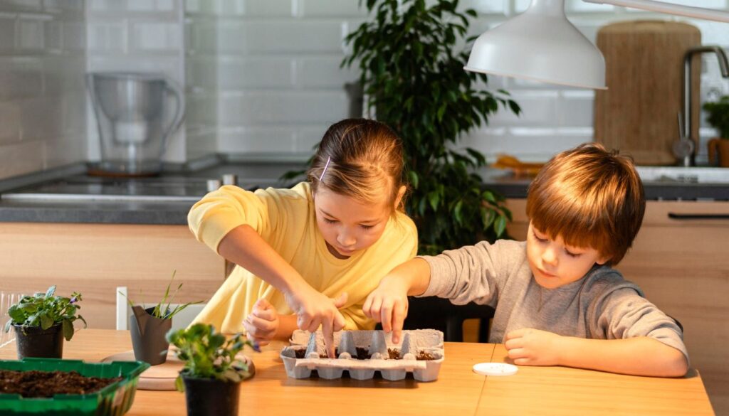 Two children engaged in indoor gardening, planting seeds in small pots on a wooden table surrounded by vibrant potted plants and gardening tools, creating a fun and educational atmosphere.
