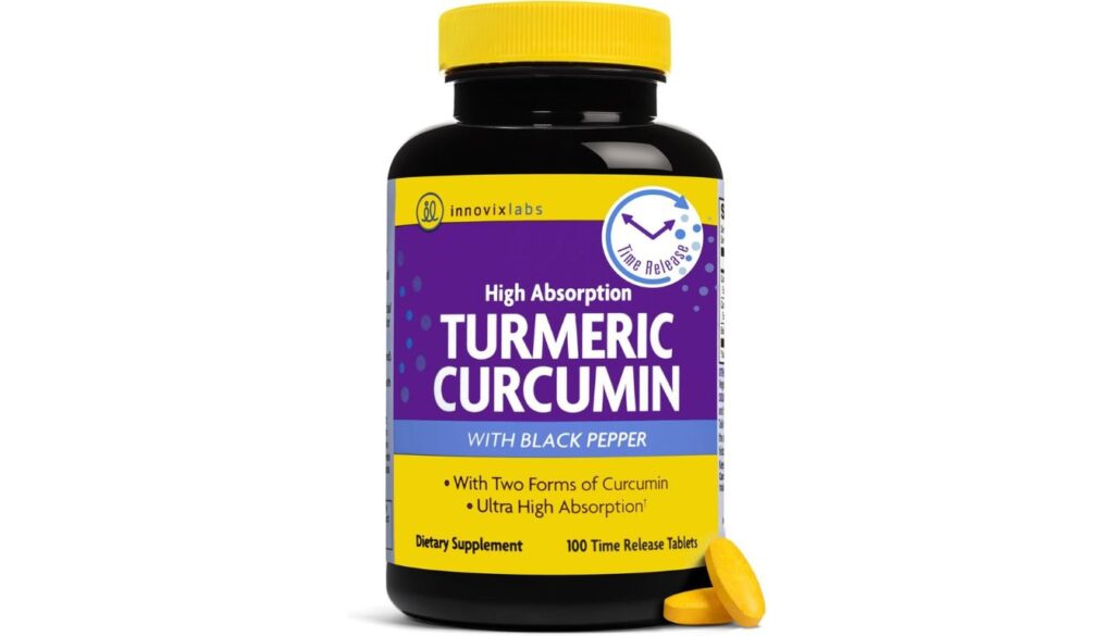 A bottle of InnovixLabs Turmeric Curcumin dietary supplement with a white label and orange accents, highlighting its high absorption formula for joint pain relief.