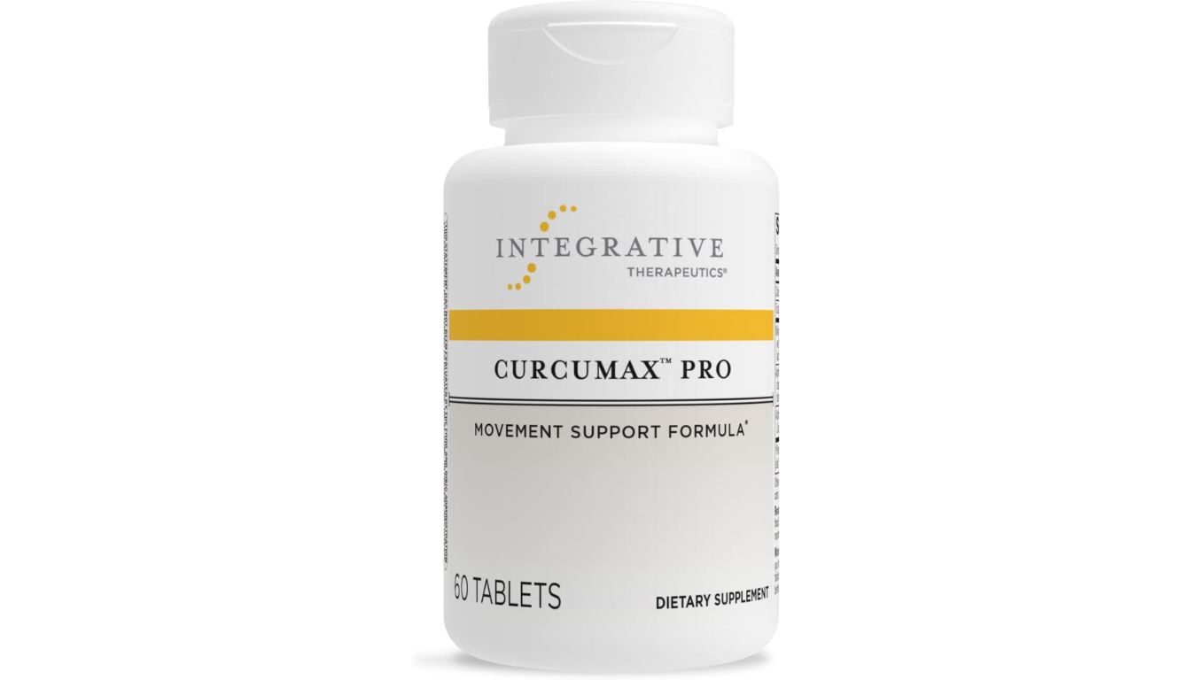 A bottle of Integrative Therapeutics Curcumax Pro dietary supplement with a white label and yellow accents, highlighting its movement support formula and joint relief benefits.