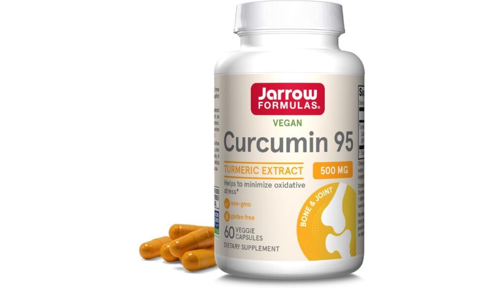 A bottle of Jarrow Formulas Curcumin 95 dietary supplement with a white and red label, highlighting its 500 mg turmeric extract for joint health.