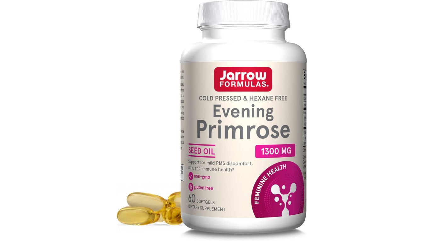 A bottle of Jarrow Formulas Evening Primrose Oil dietary supplement, featuring 1300 mg dosage, 60 softgels, and labeled as cold-pressed, hexane-free, non-GMO, and gluten-free.