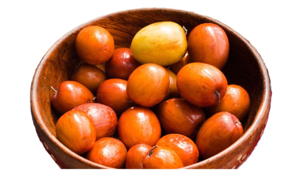 A close-up of jujube fruits, showcasing their glossy reddish-brown skins and fresh appearance on a wooden table.