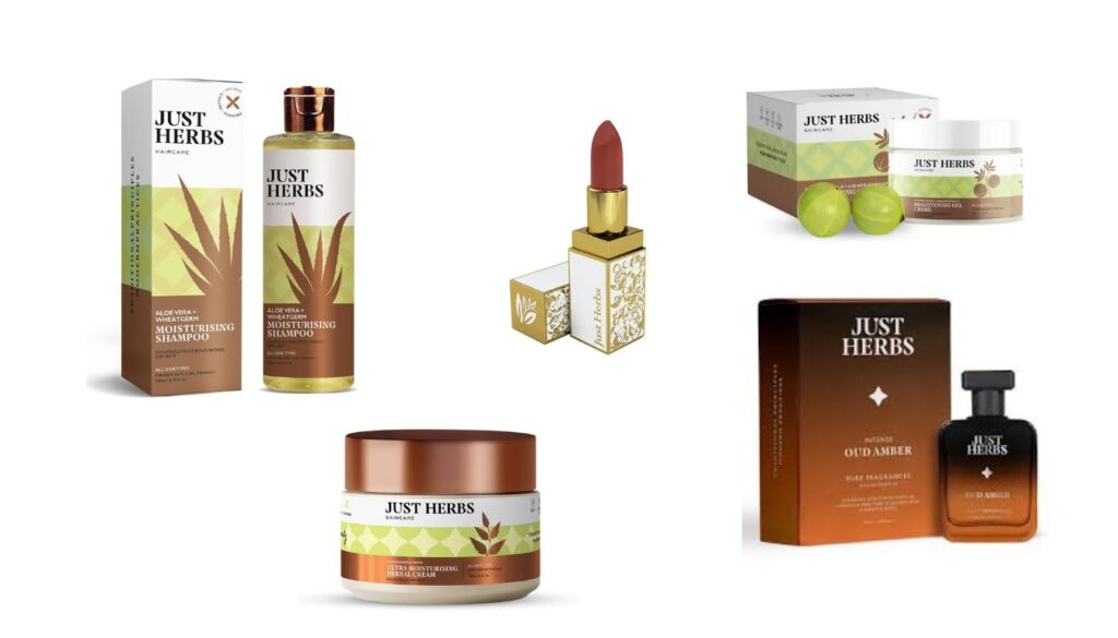 A curated display of five Just Herbs products, including shampoo, lipstick, cream, perfume, and a herbal box, showcasing Ayurvedic ingredients and elegant packaging.