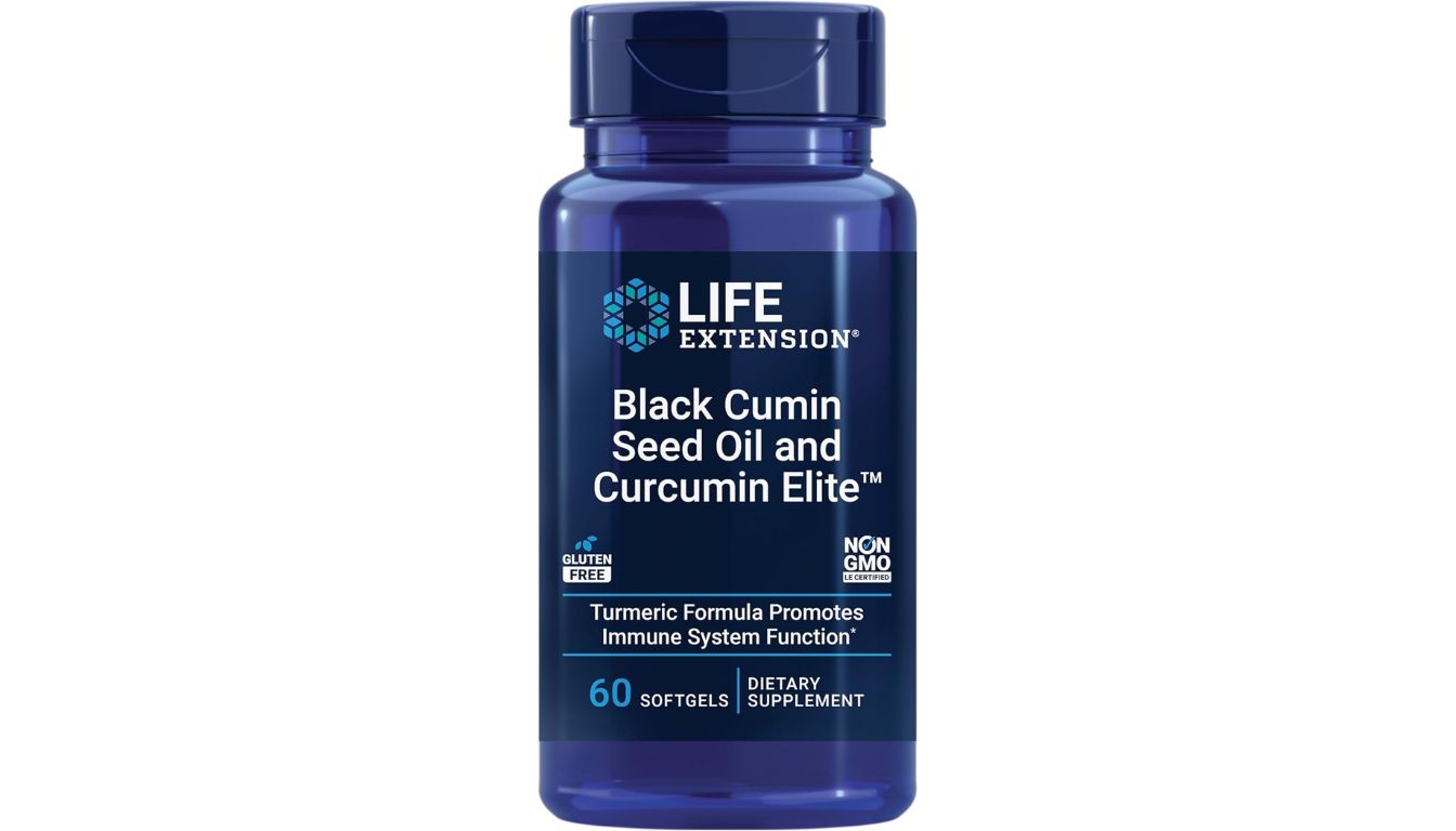 A blue bottle of Life Extension Black Cumin Seed Oil and Curcumin Elite dietary supplement with a white label, highlighting its immune and inflammatory support benefits.