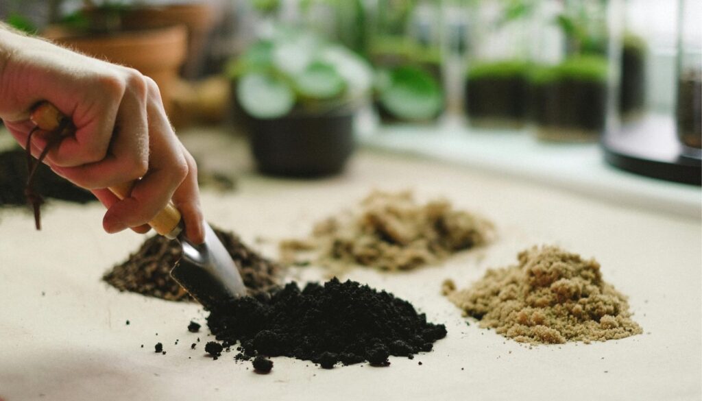 A hand sprinkling organic fertilizer onto a small potted herb plant in a garden, with other pots and gardening tools in the background.