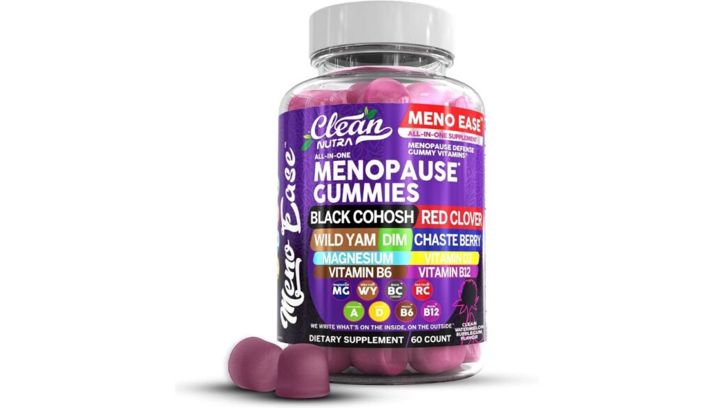 A bottle of Clean Nutra Meno Ease Menopause Gummies with two gummies placed in front of it. The bottle label highlights various ingredients such as Black Cohosh, Red Clover, Wild Yam, DIM, Chaste Berry, Magnesium, Vitamin B6, Vitamin D3, and Vitamin B12. The label also mentions that the gummies have a clean watermelon bubblegum flavor and the bottle contains 60 gummies.