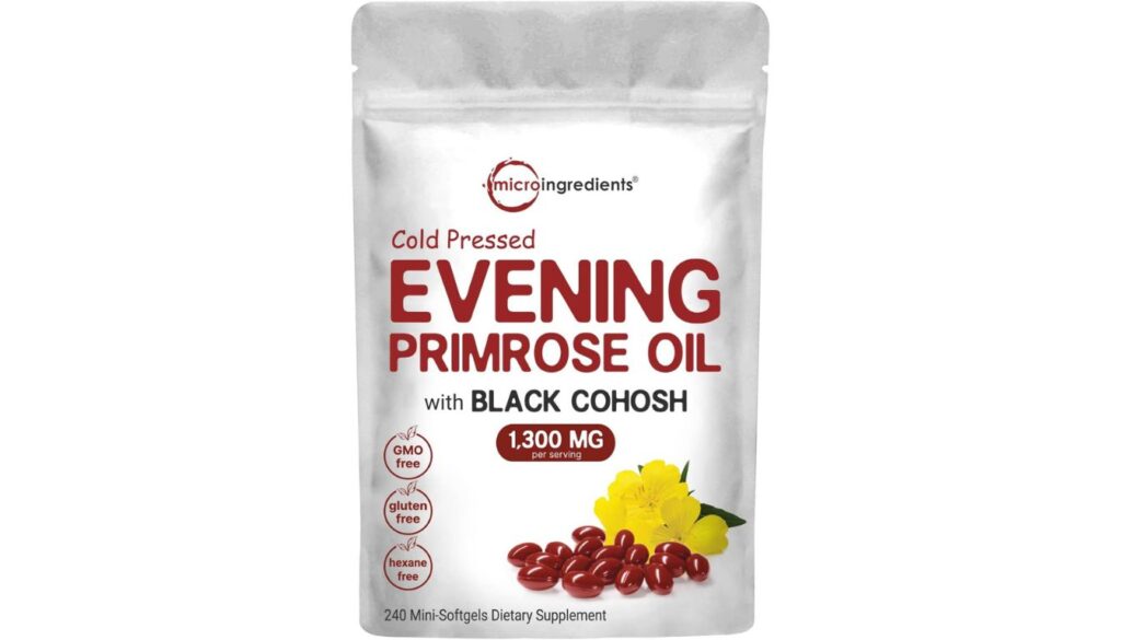 A package of Micro Ingredients Evening Primrose Oil 1300mg with Black Cohosh, featuring 240 mini-softgels and a clean, professional design.