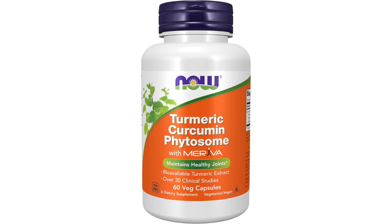 A bottle of NOW Foods Curcumin Phytosome dietary supplement with Meriva for enhanced absorption.