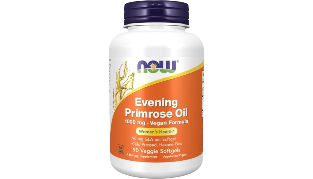 A bottle of NOW Foods Evening Primrose Oil 1000 mg with a white body, an orange label, and a purple cap, featuring a vegan-friendly formula.