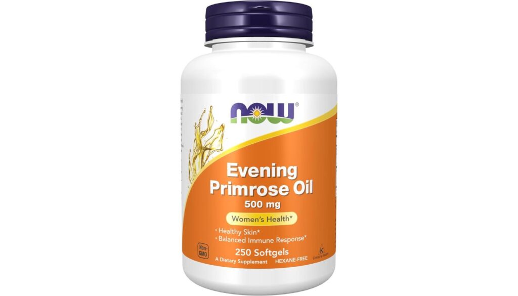 A white bottle of NOW Foods Evening Primrose Oil 500 mg dietary supplement with a purple cap, featuring a clean label design.