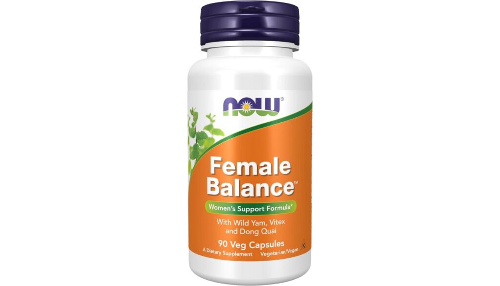 A bottle of NOW Foods Female Balance Women's Support Formula dietary supplement, containing 90 vegetarian capsules, with ingredients including Wild Yam, Vitex, and Dong Quai.
