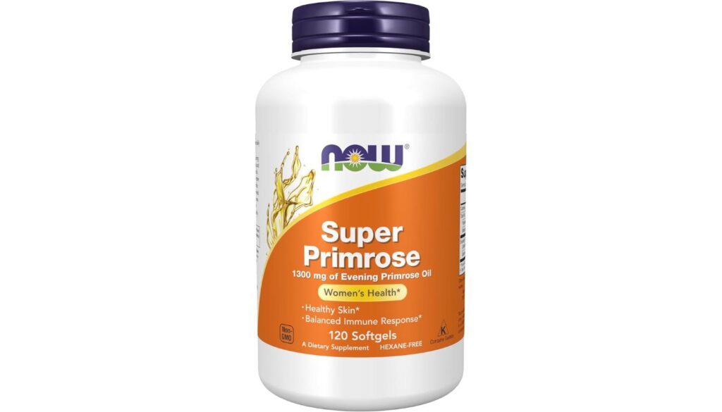 A white bottle of NOW Foods Super Primrose 1300 mg supplement with a purple cap, designed to support women's health and skin wellness.