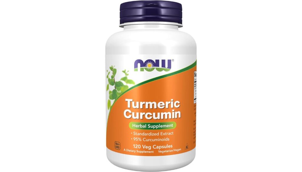 A bottle of NOW Foods Turmeric Curcumin Herbal Supplement with 120 vegetarian capsules.