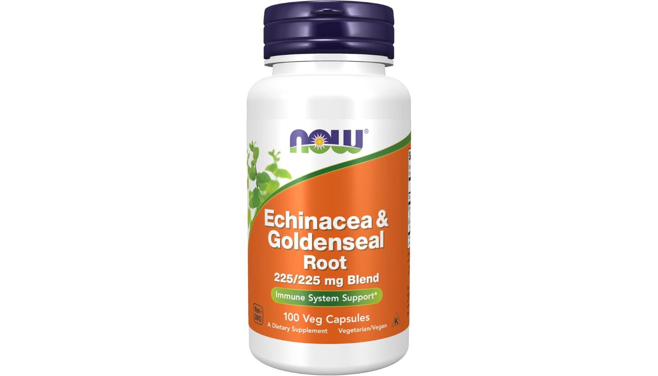 A bottle of NOW Supplements Echinacea & Goldenseal Root, featuring a 225/225 mg herbal blend in 100 vegetarian capsules for immune health.