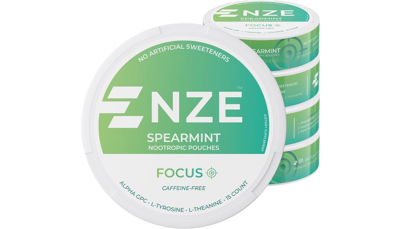 A stack of green and white containers labeled "NZE Spearmint Nootropic Pouches," highlighting features like "Focus," "Caffeine-Free," and "No Artificial Sweeteners."